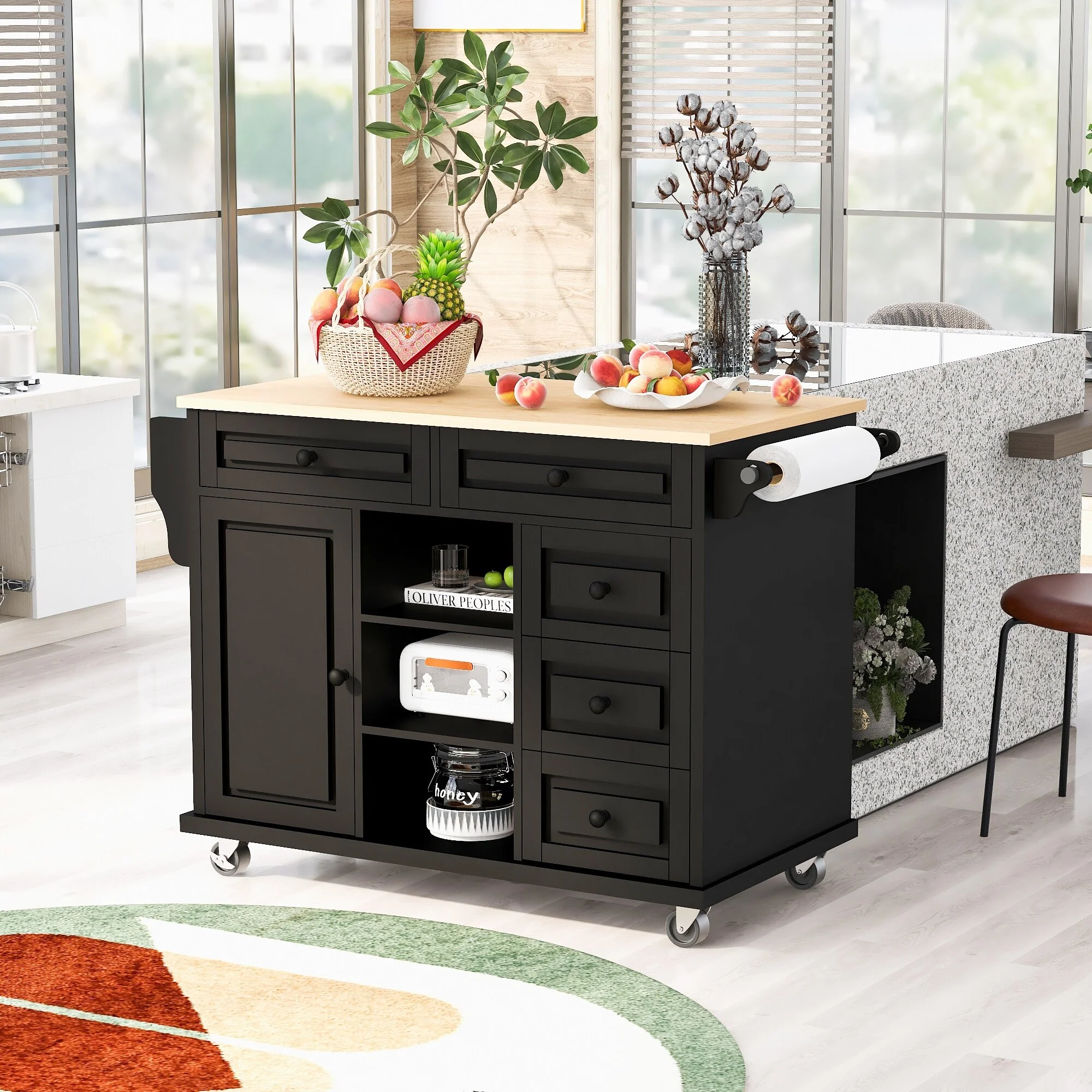 Kitchen Island with on Locking Wheels, Rolling Cart with Rubber Wood Desktop, Mobile Island with 3 Open Shelves & 5 Drawers