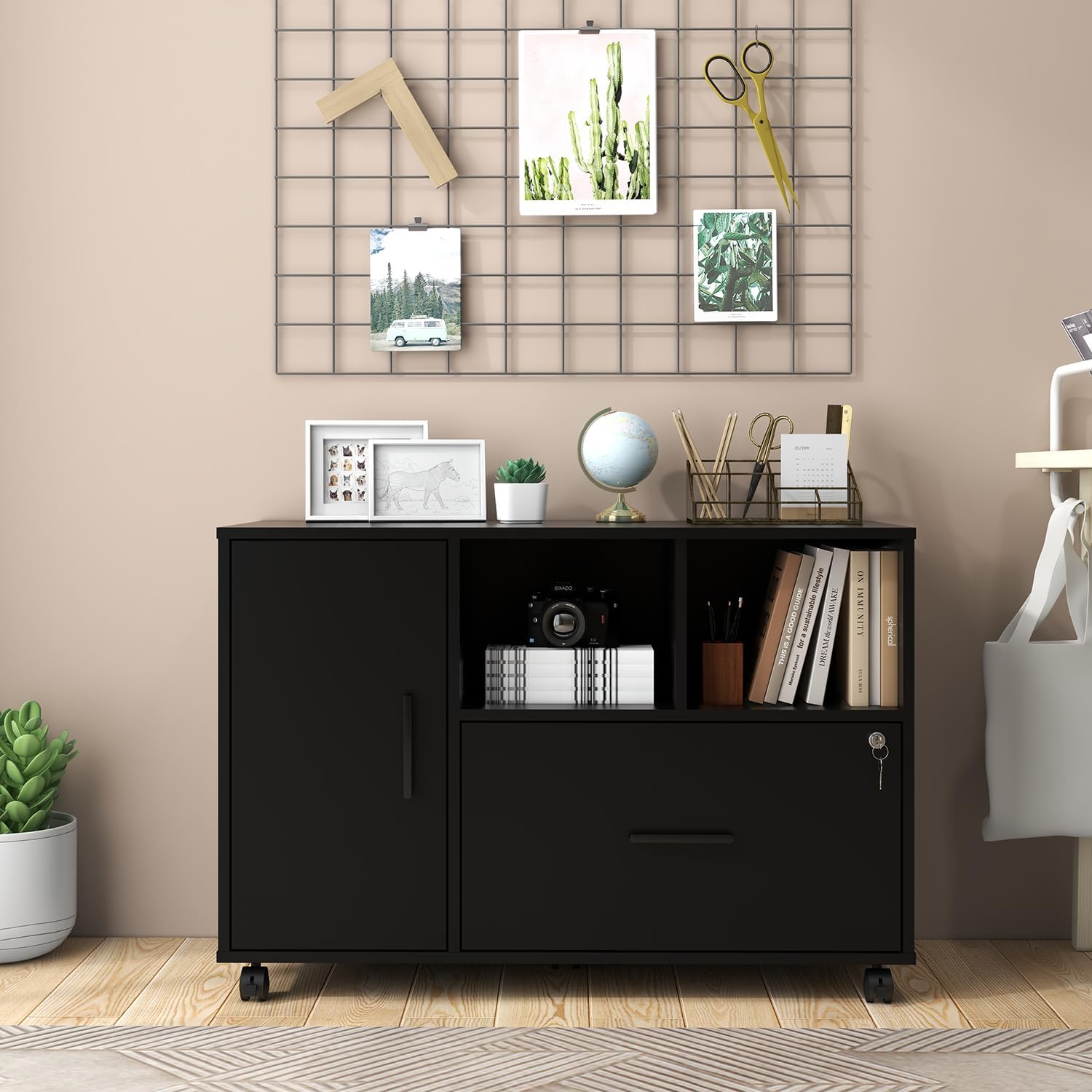 Panana Wood File Cabinet with Lock, 1-Drawer Wooden Office Lateral Filing Cabinet on Wheels Mobile Printer Stand with Open Storage Shelf for Letter/Legal/A4 Size Files (Black1)