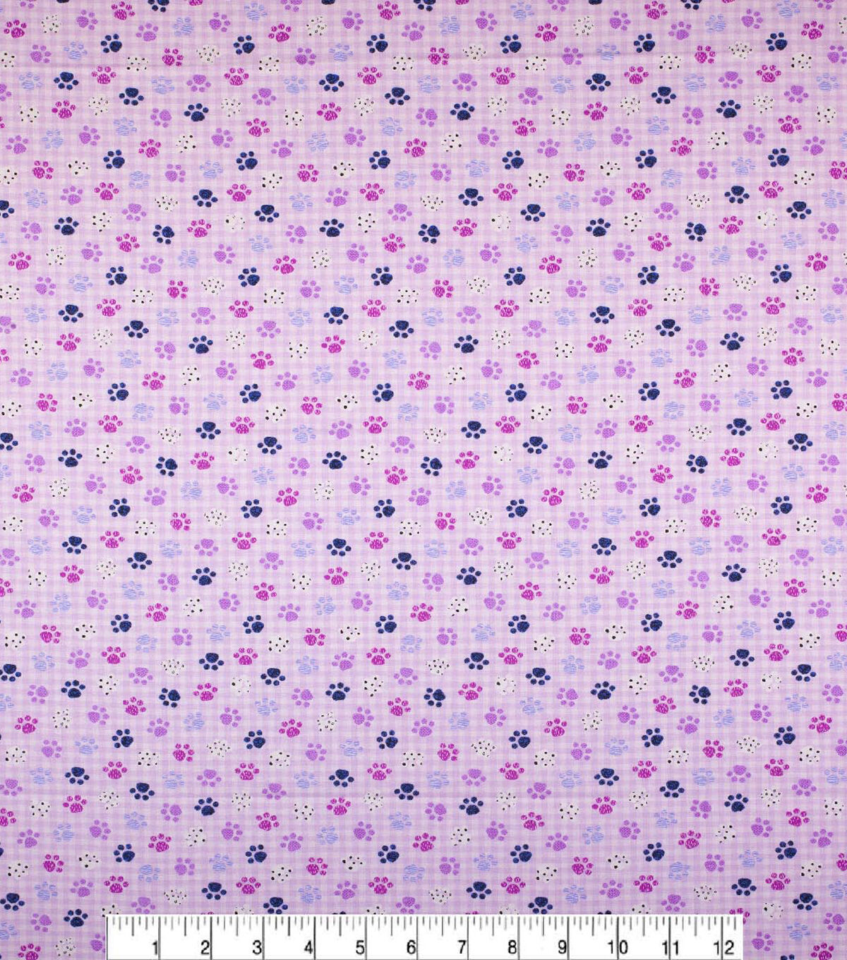 Novelty Cotton Fabric Purple Paws on Gingham