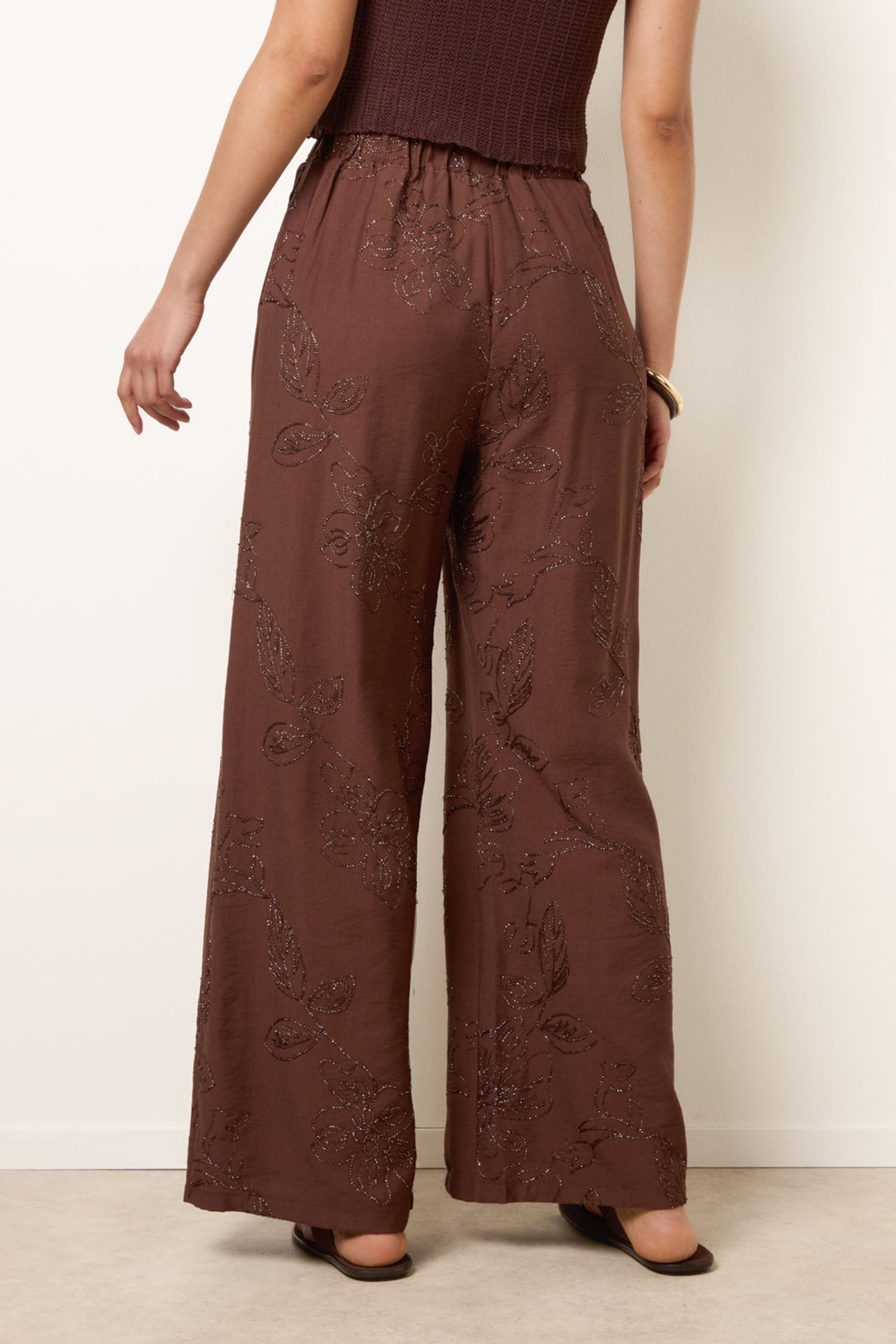 Blue Vanilla Brown Embroidered Pattern Wide-Leg Trousers