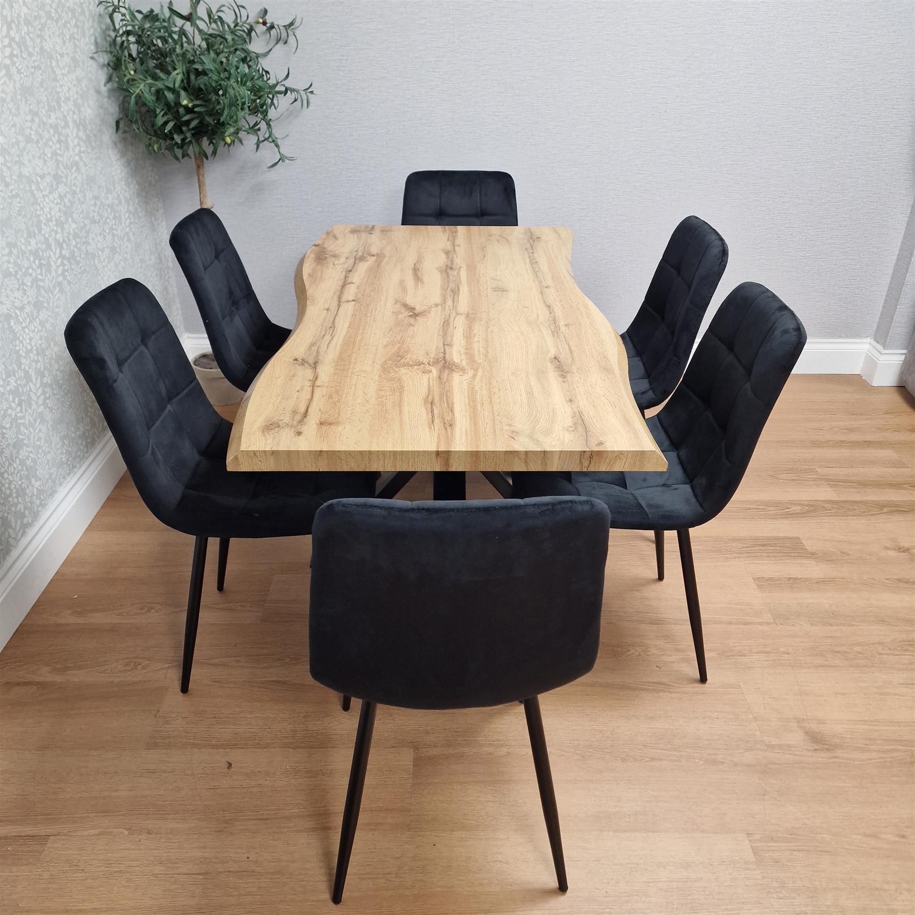 KOSY KOALA Wooden Dining Table with 6 Black Velvet Chairs, Stylish Dining Room Furniture