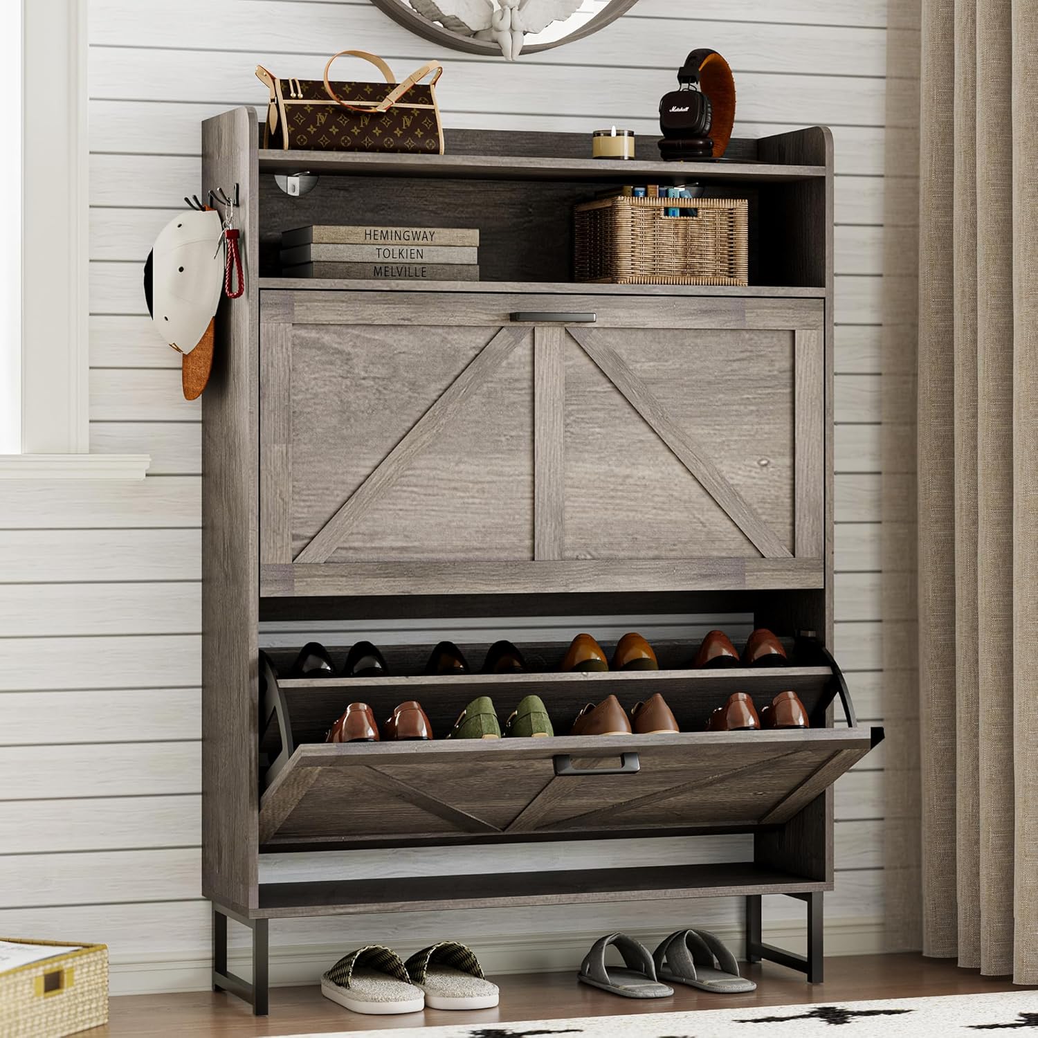 BORNOON Shoe Cabinet with 2 Flip Drawers Narrow Shoe Storage Organizer Wooden Freestanding Rack Hidden Slim Shoes Storage Cabinet for Entryway, Hallway, Living Room, Bedroom (Grey)