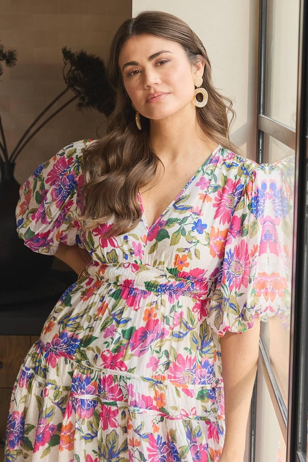 Izabel London Floral 1/2 Puff Sleeve Midi Dress