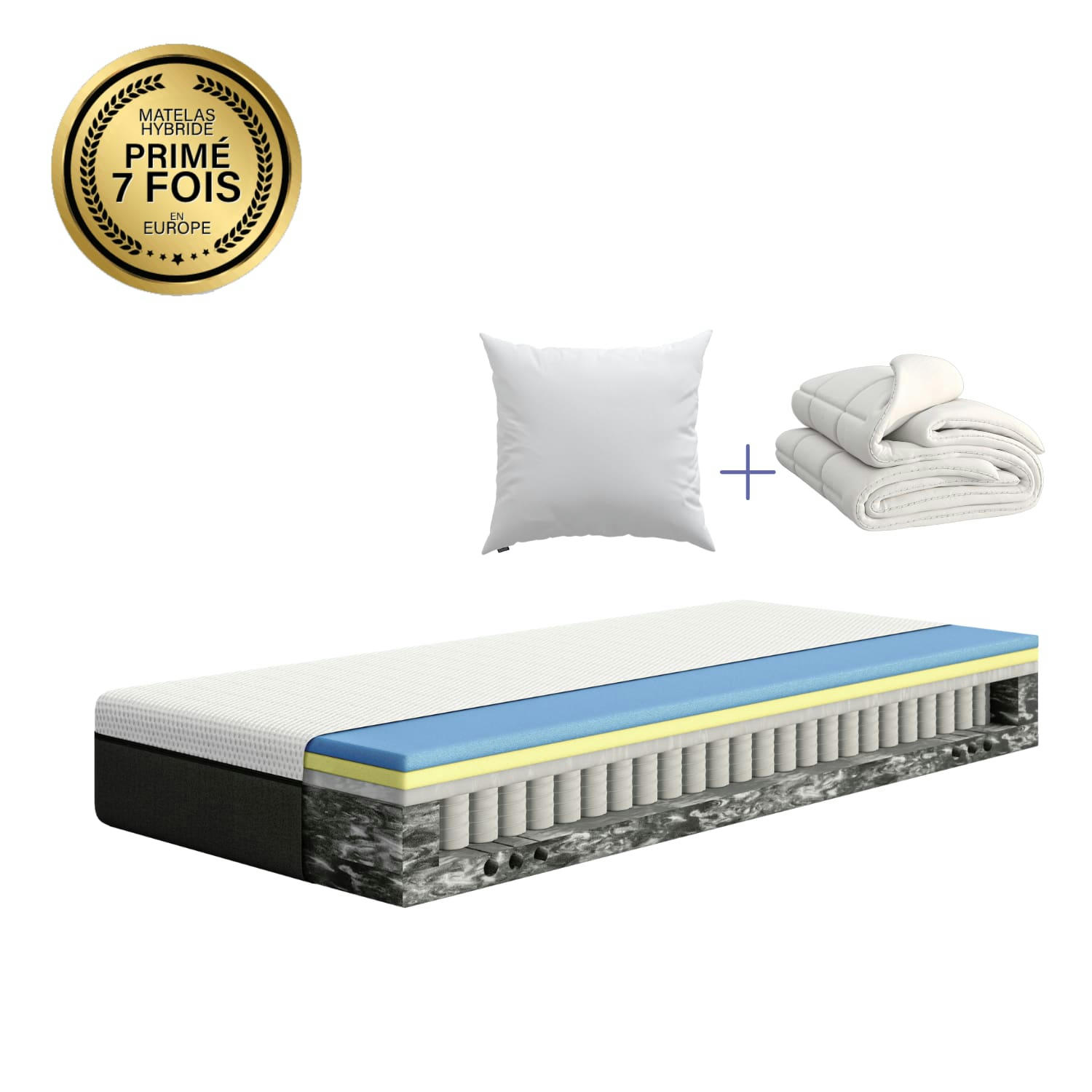 - Pack 90x200 - Matelas Hybride + Couette + Oreiller Nuage
