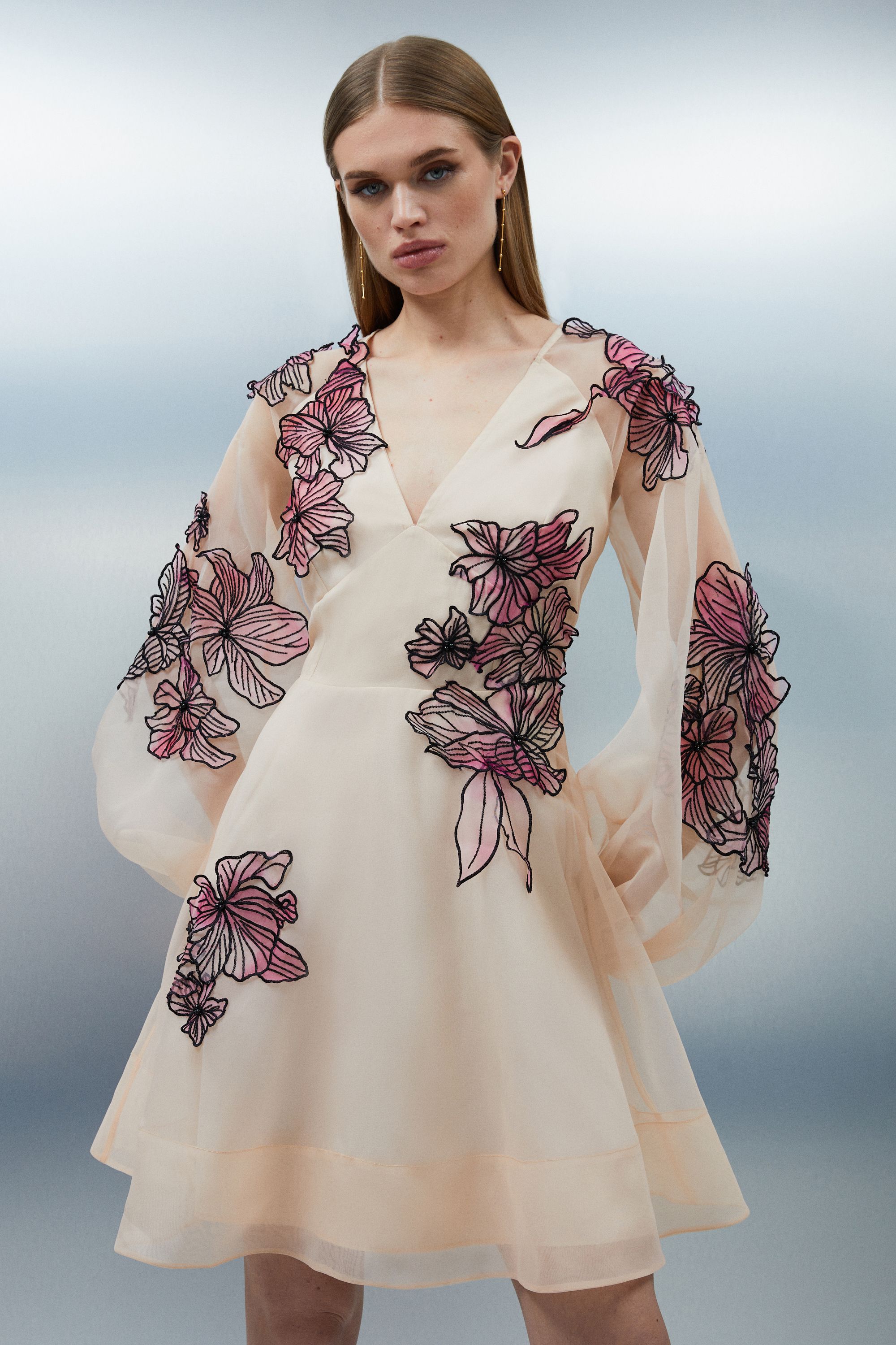 KarenMillen Floral Applique Organdie Woven Balloon Sleeve Mini Dress