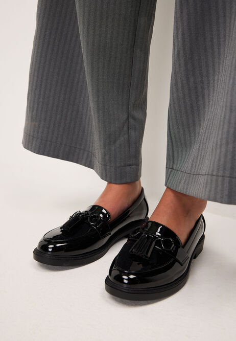Womens Black Tassel Patent Loafers