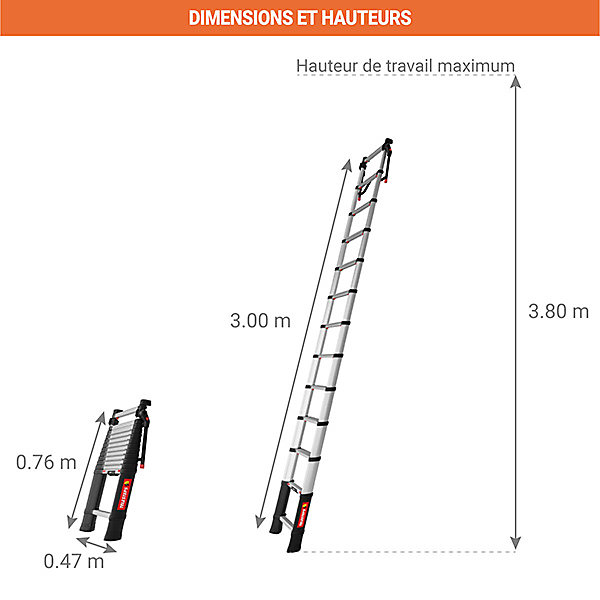 Echelle télescopique 3.00m avec écarteur - Marches de 80mm de large - Hauteur de travail max. 3.80m - TEL-72230-EC
