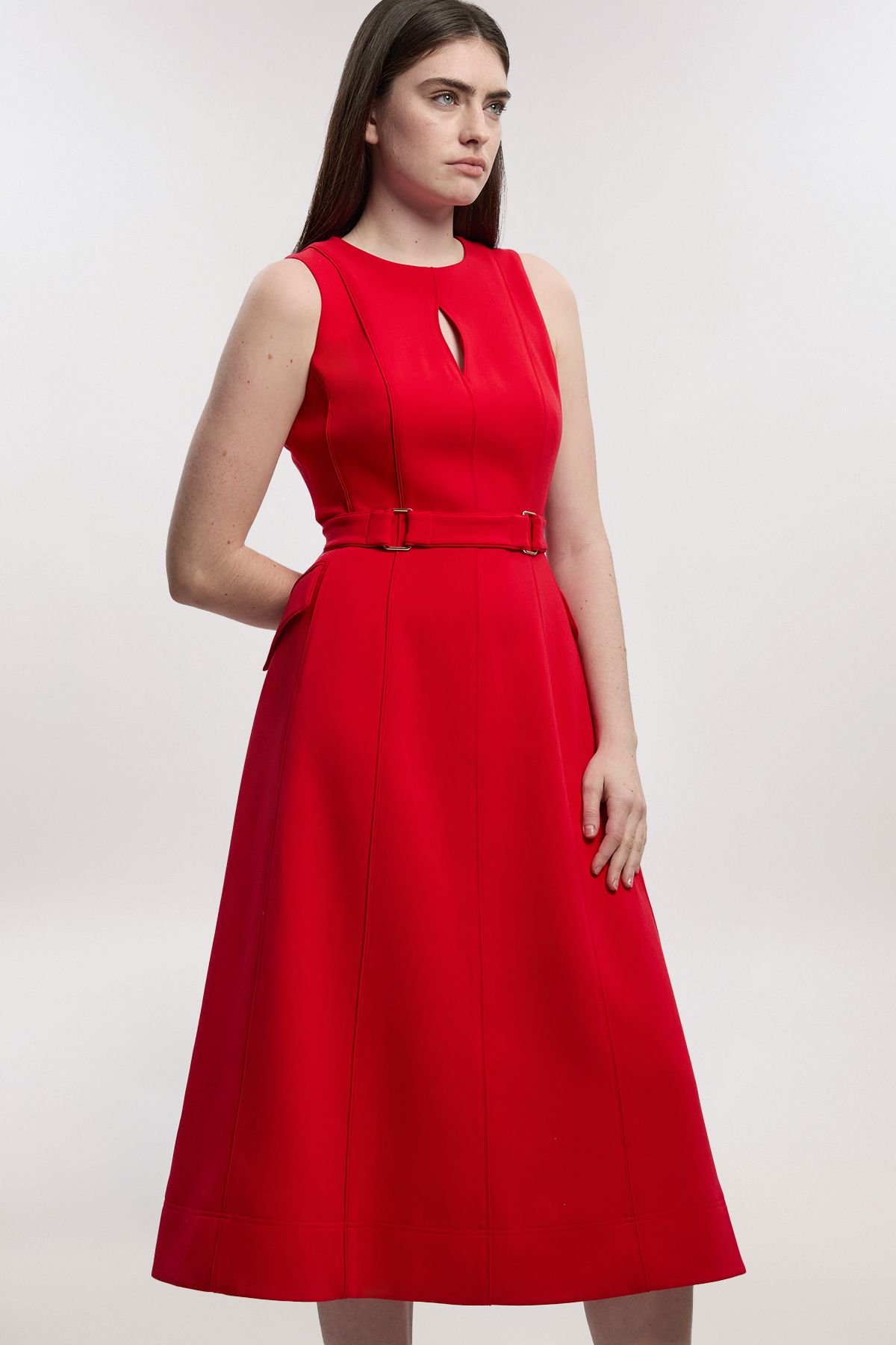 KarenMillen Compact Stretch Belted Seamed Full Skirted Midi Dress