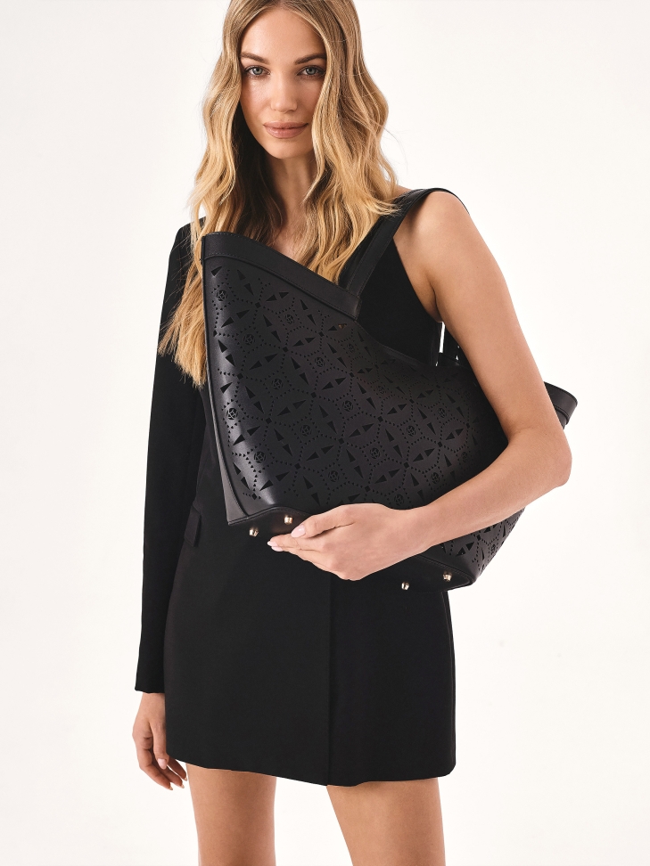 Leather boat bag with openwork pattern