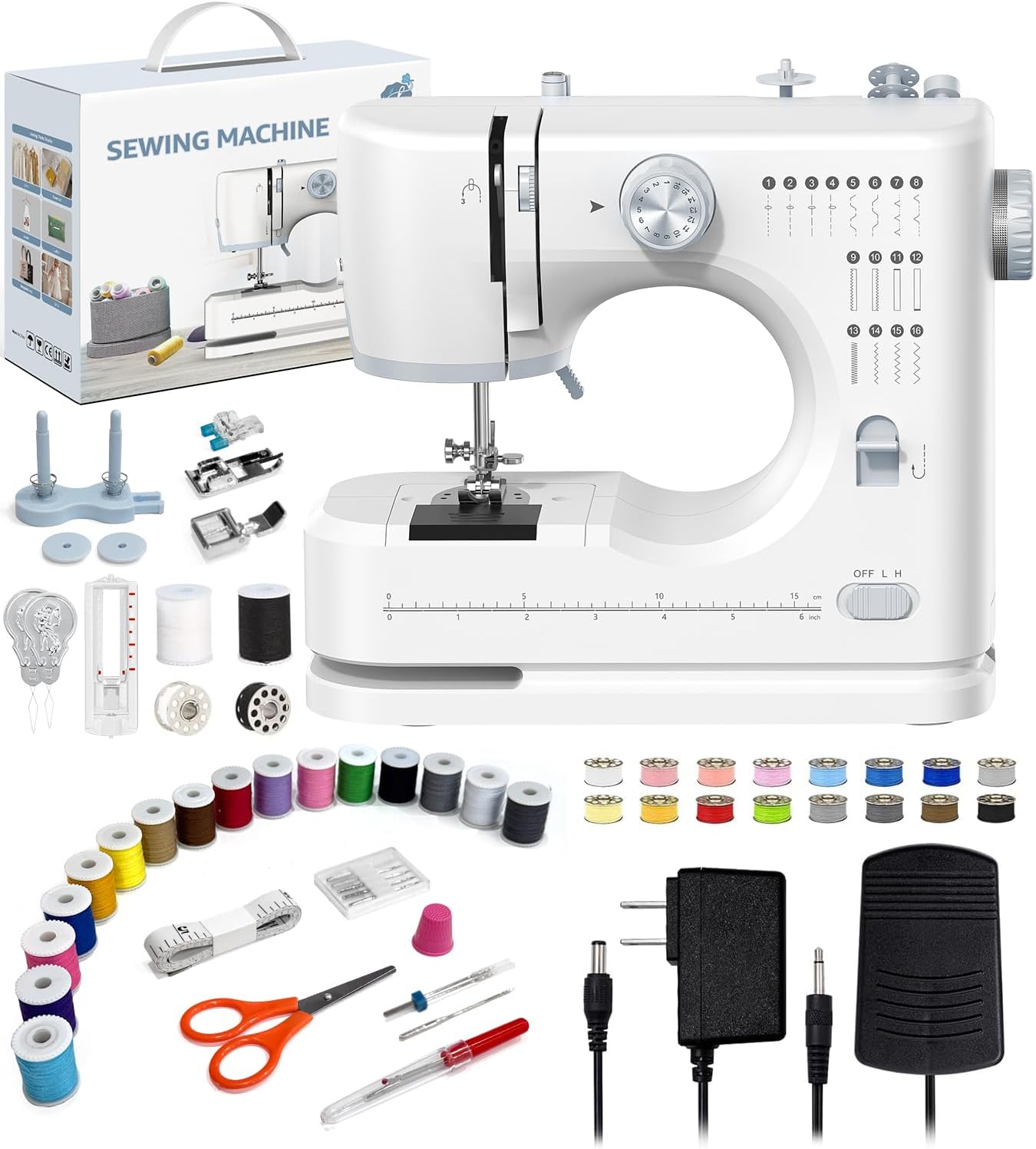 Sewing Machine for Beginners, 16 Built-In Stitches, Small Sewing Machine with Accessory Kit, 2-Speed, Foot Pedal, Storage Drawer, Portable Tabletop Full-Feature Design for Home DIY (Off-White)