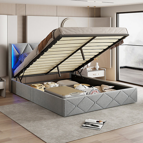 Lit Coffre 140x200 avec LED, Lit Rembourré en velours Lit Double Lit de rangement Cadre de Lit Capitonné Lit Adulte, Gris