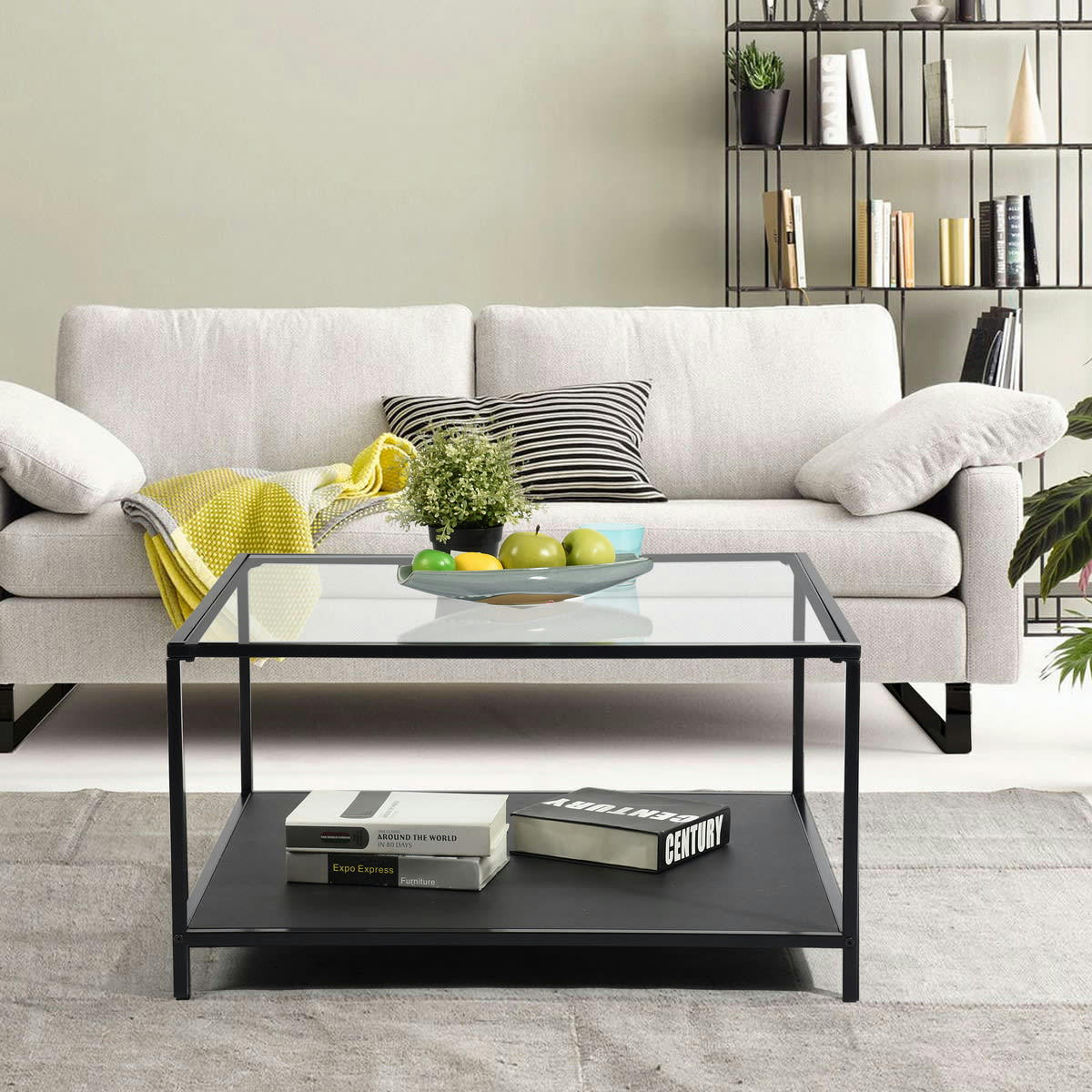 - Table basse rectangle scandinave en verre et panneau de bois