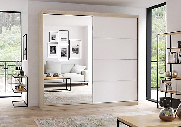 Armoire Léandra 203 cm avec miroir - Chêne - Blanc