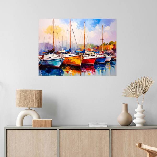 Naklejka na ścianę do salonu Feeby Kolorowe Łodzie Statki Przystań 30x20