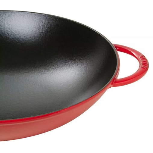 Staub Enamelled 37cm Cast Iron Wok w/ Rack Insert & Glass Lid Red