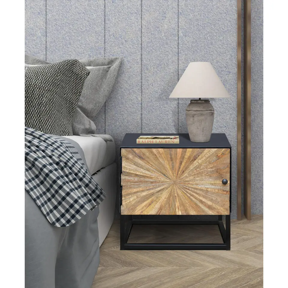 Madira - Nachtkastje met 1 deur in mangohout / zwart metaal