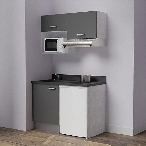 Kitchenette K02 - 120 cm - façades Gris - Plan monobloc en quartz coloris Nero évier à gauche