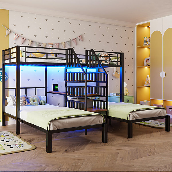 Lit Superposé 90x200 cm - Lit Familial 3 Places avec Bureau Intégré et Escalier de Rangement - LED et Ports USB - Métal/MDF - Noir