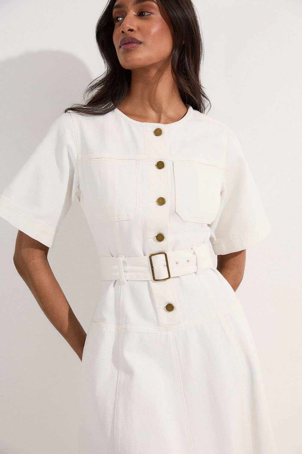 KarenMillen Denim Soft Wash Short Sleeve Belted Midi Dress