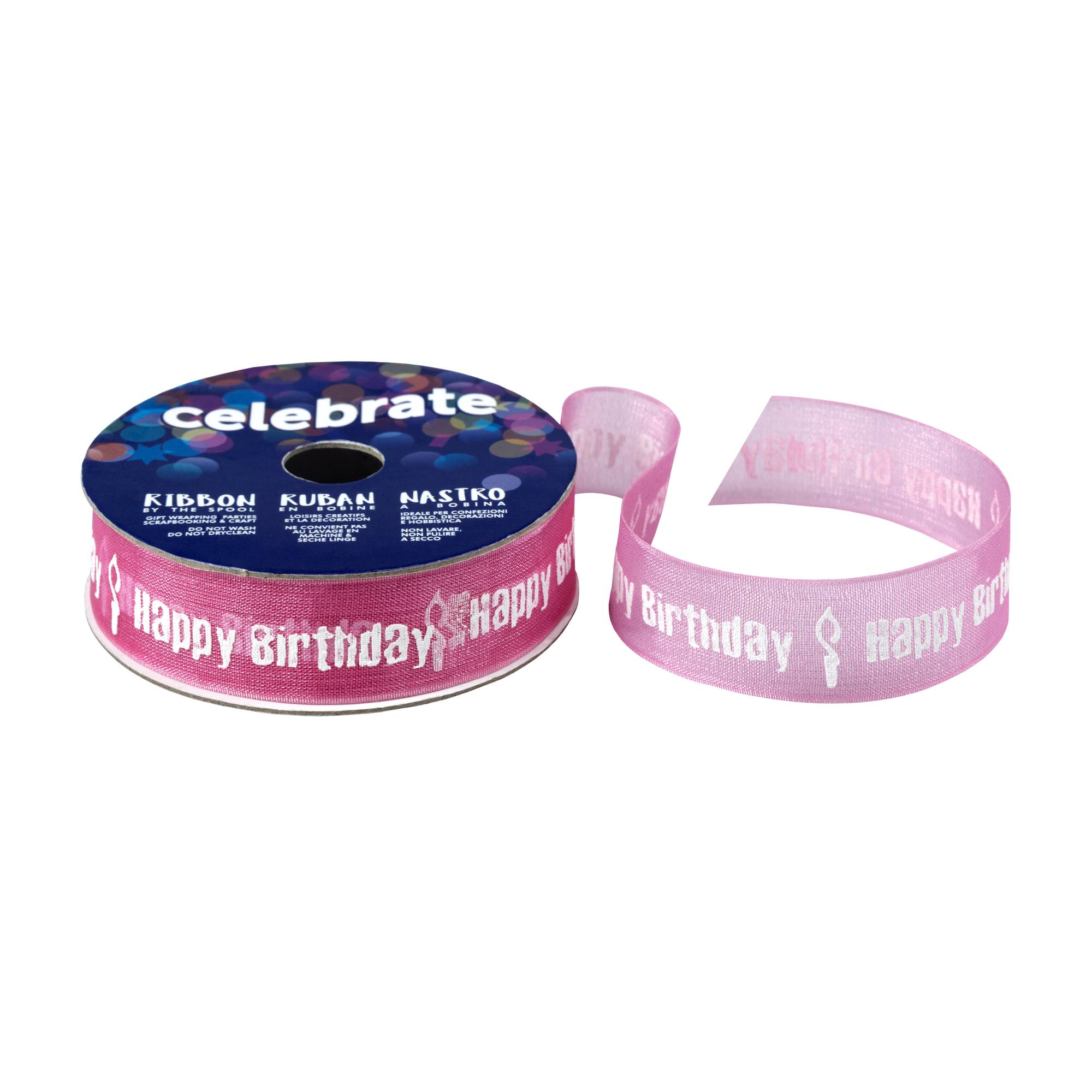 White On Hot Pink Happy Birthday Ribbon 15mm x 3.5m