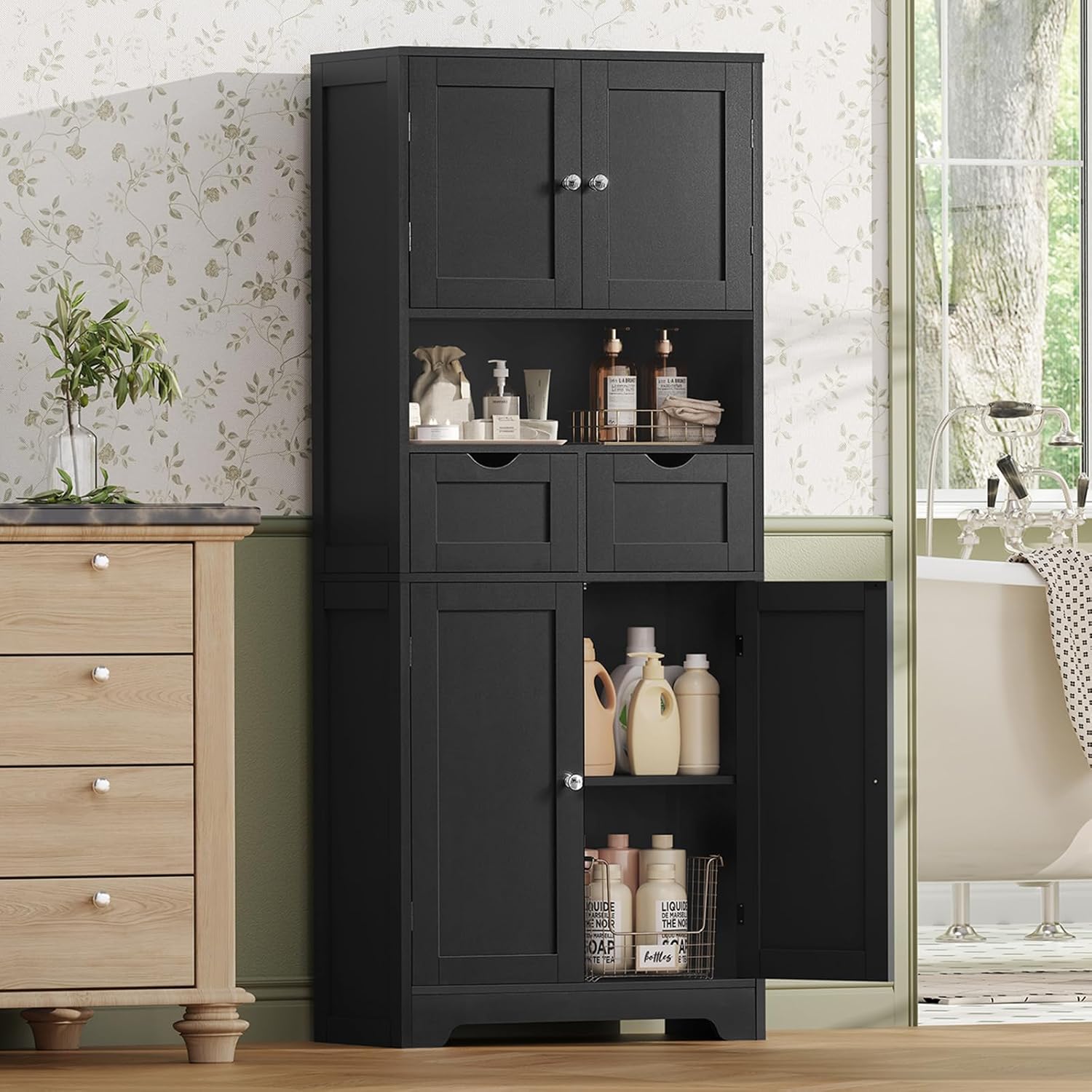 Iwell 57.8 H Tall Storage Cabinet with 2 Drawers & 2 Adjustable Shelves, Kitchen Cabinet with 4 Doors, Tall Cabinet for Living Room, Dining Room, Entryway, Black