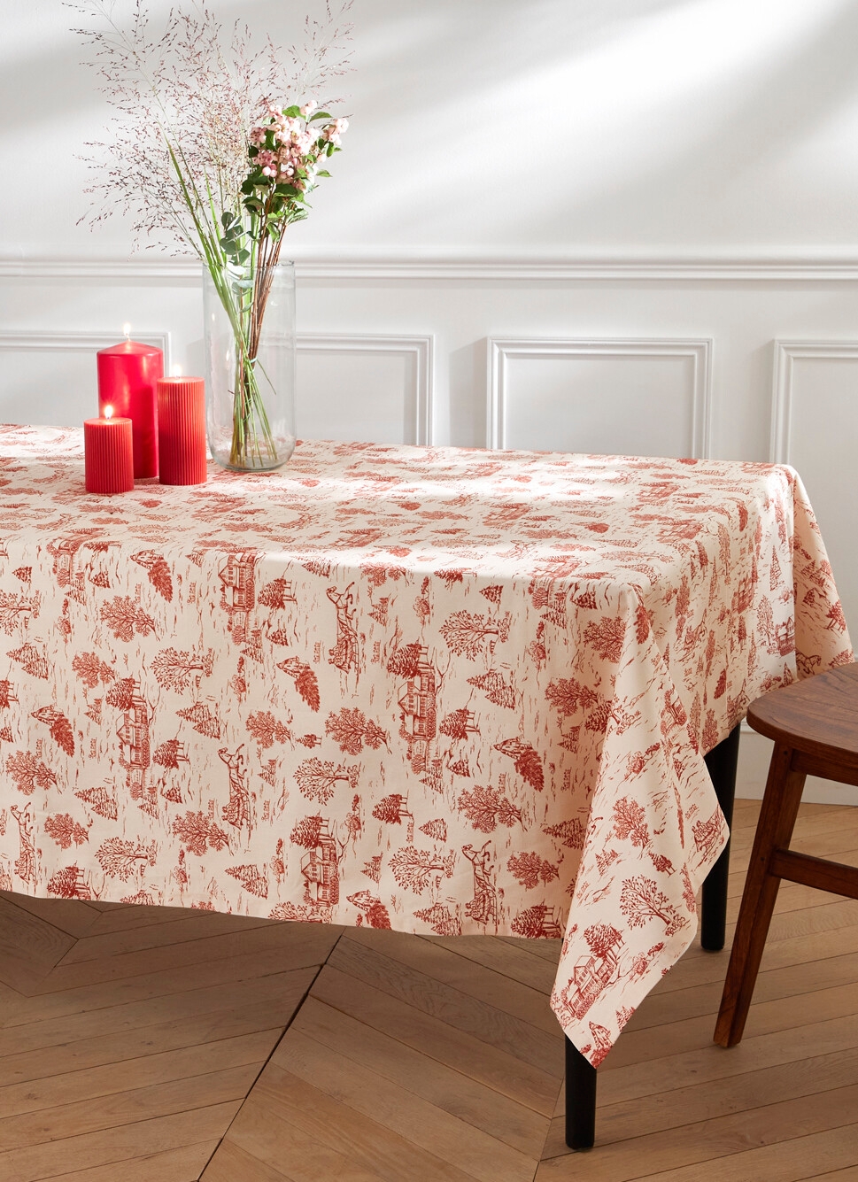 NAPPE EN COTON ANTI-TACHE SCÈNES D'HIVER NATUREL/ROUGE