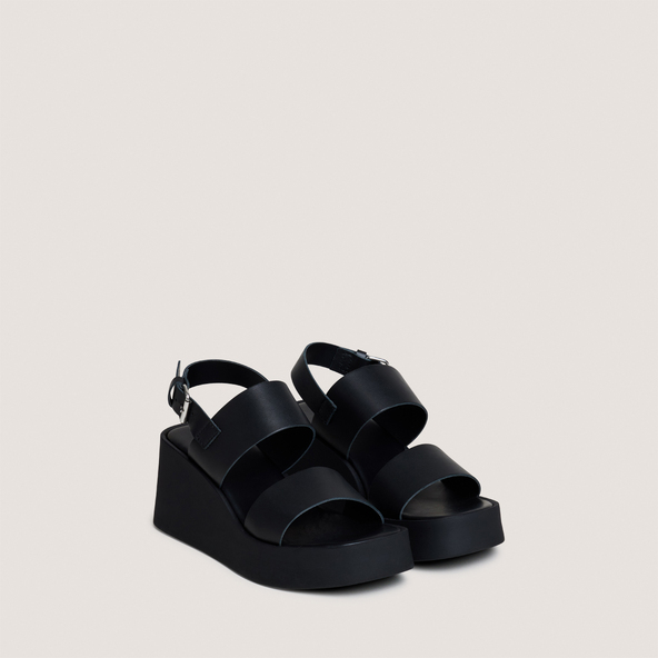 Sandales compensées à brides largesen cuir noir | ELISA