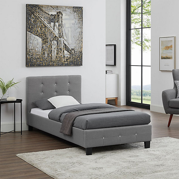Lit simple TICO, 90 x 190 cm, capitonné avec sommier, revêtement en tissu gris