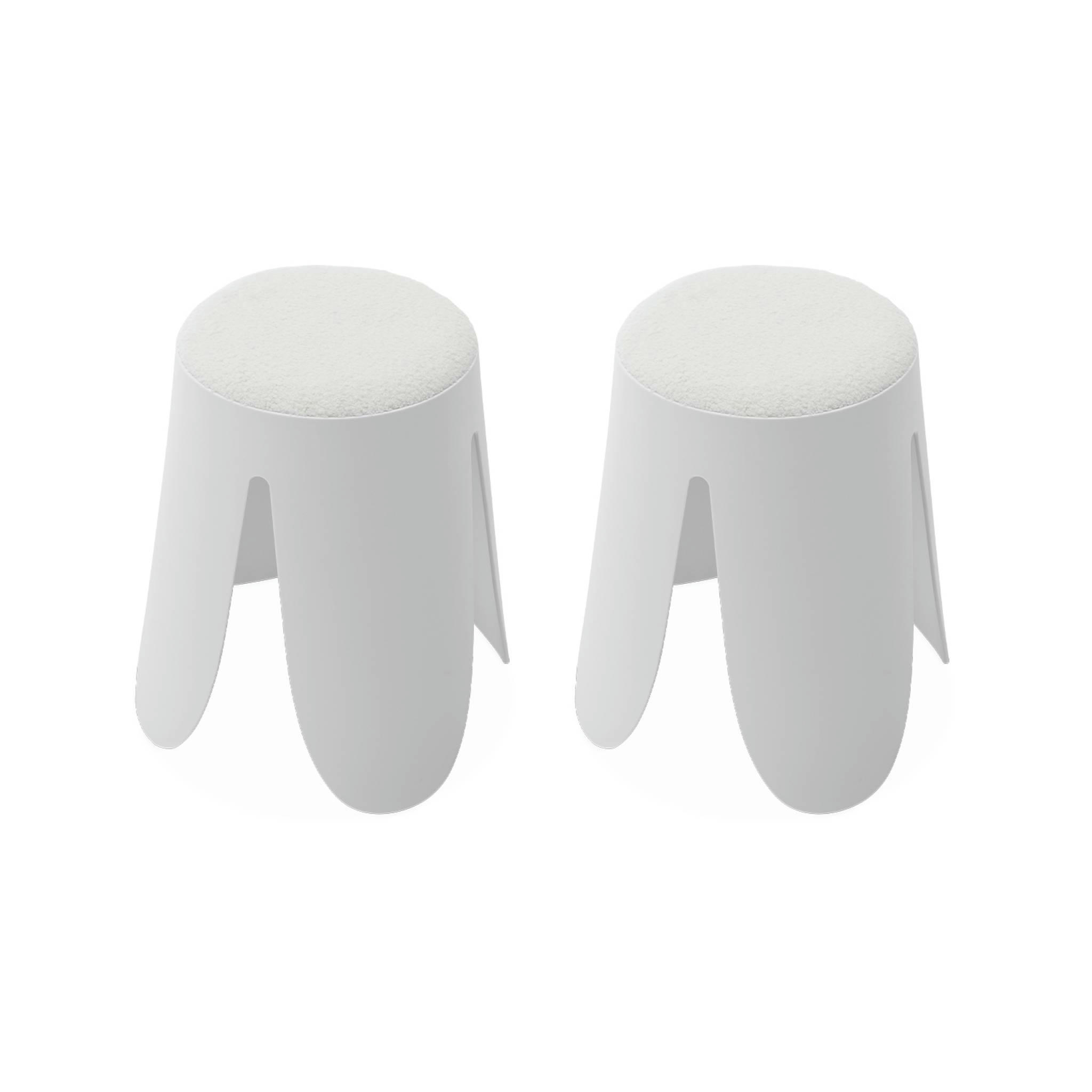 NIKI - Set de 2 tabourets empilables blancs, bouclette texturée