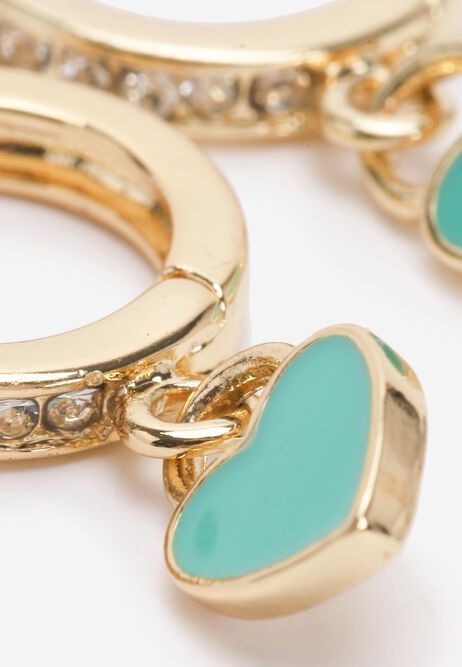 Womens Gold & Green Mini Diamonte Heart Hoop Earrings