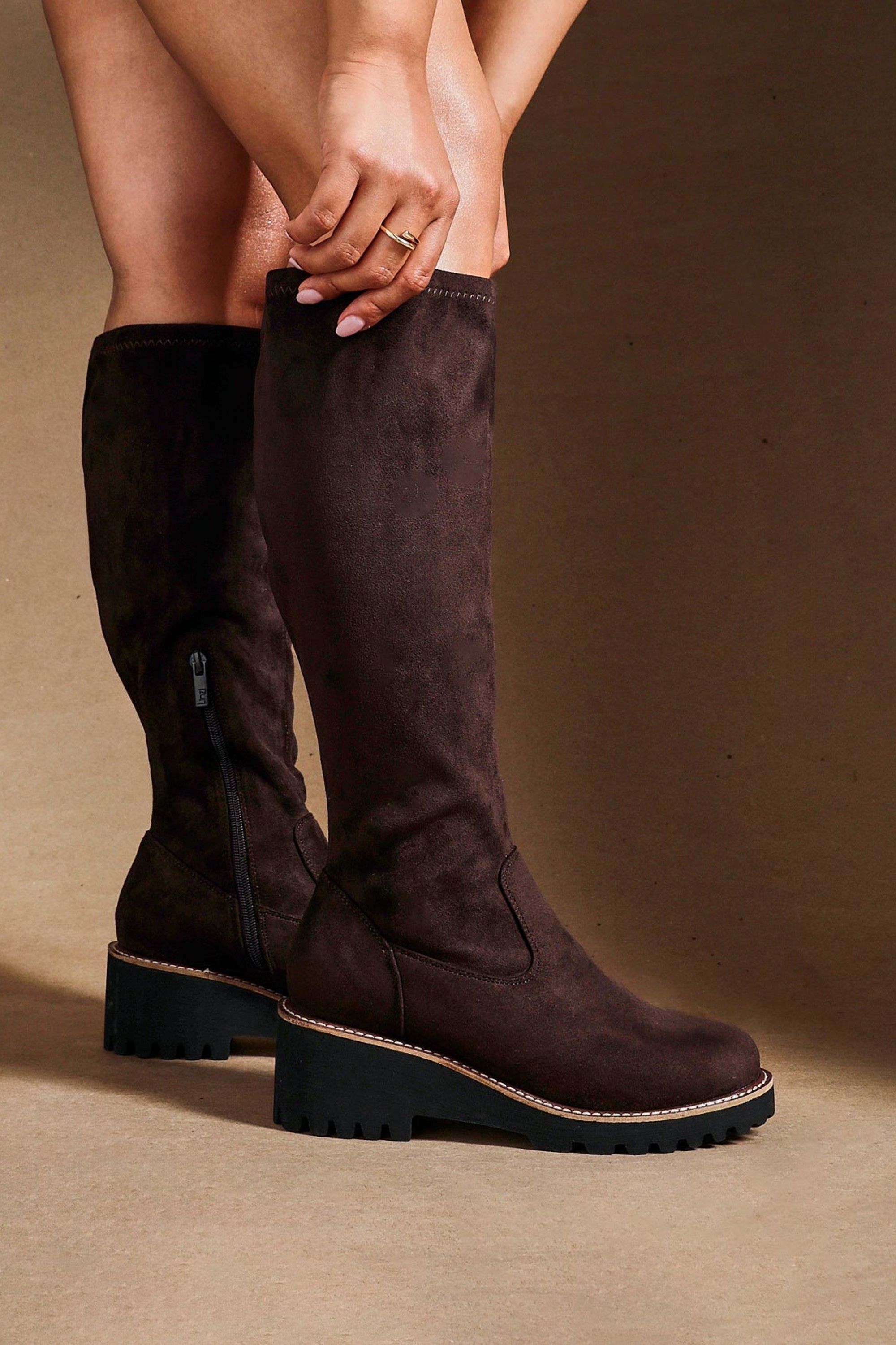 Linzi Maintain Wide Fit Brown Faux Suede Stretch High Leg Wedge Boot