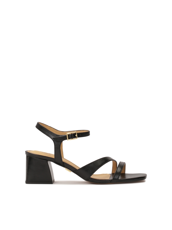 Black leather sandals with a wide heel
