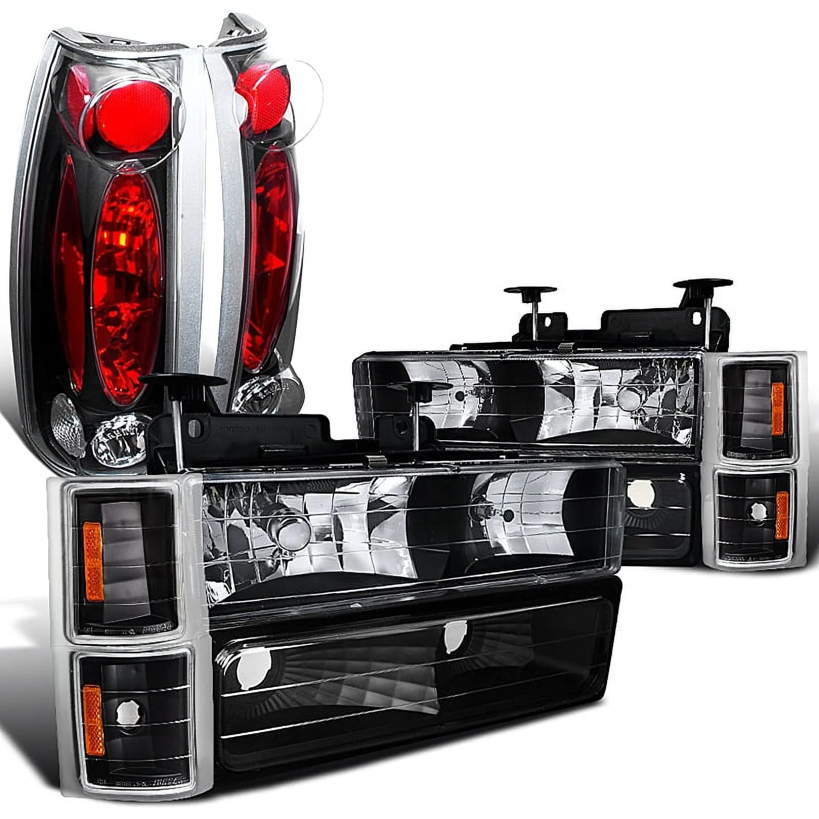 Spec-D Tuning Black Headlights + Bumper  Corner Lamps + LED Bumper Fog Light Compatible with Chevy C/K 1500/2500/3500 Left + Right Pair Headlamps Assembly