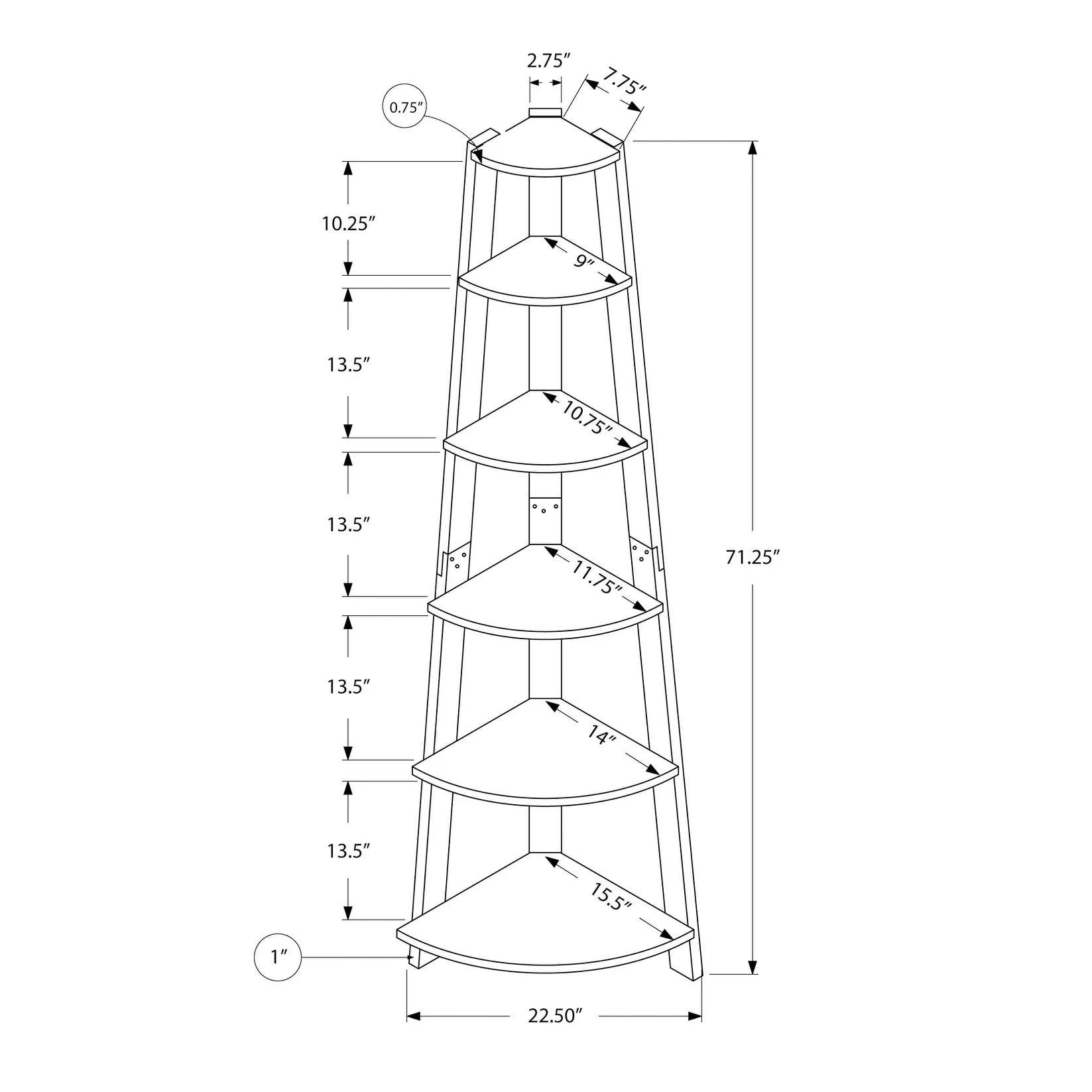 Bookshelf, Bookcase, Etagere, Corner, 5 Tier, 72h, Office, Bedroom, Laminate, Contemporary, Modern