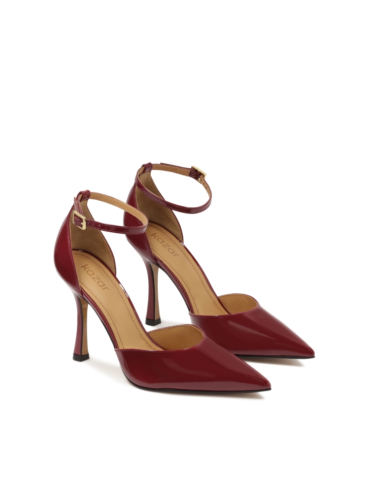 Maroon semi-open-toe patent leather pumps