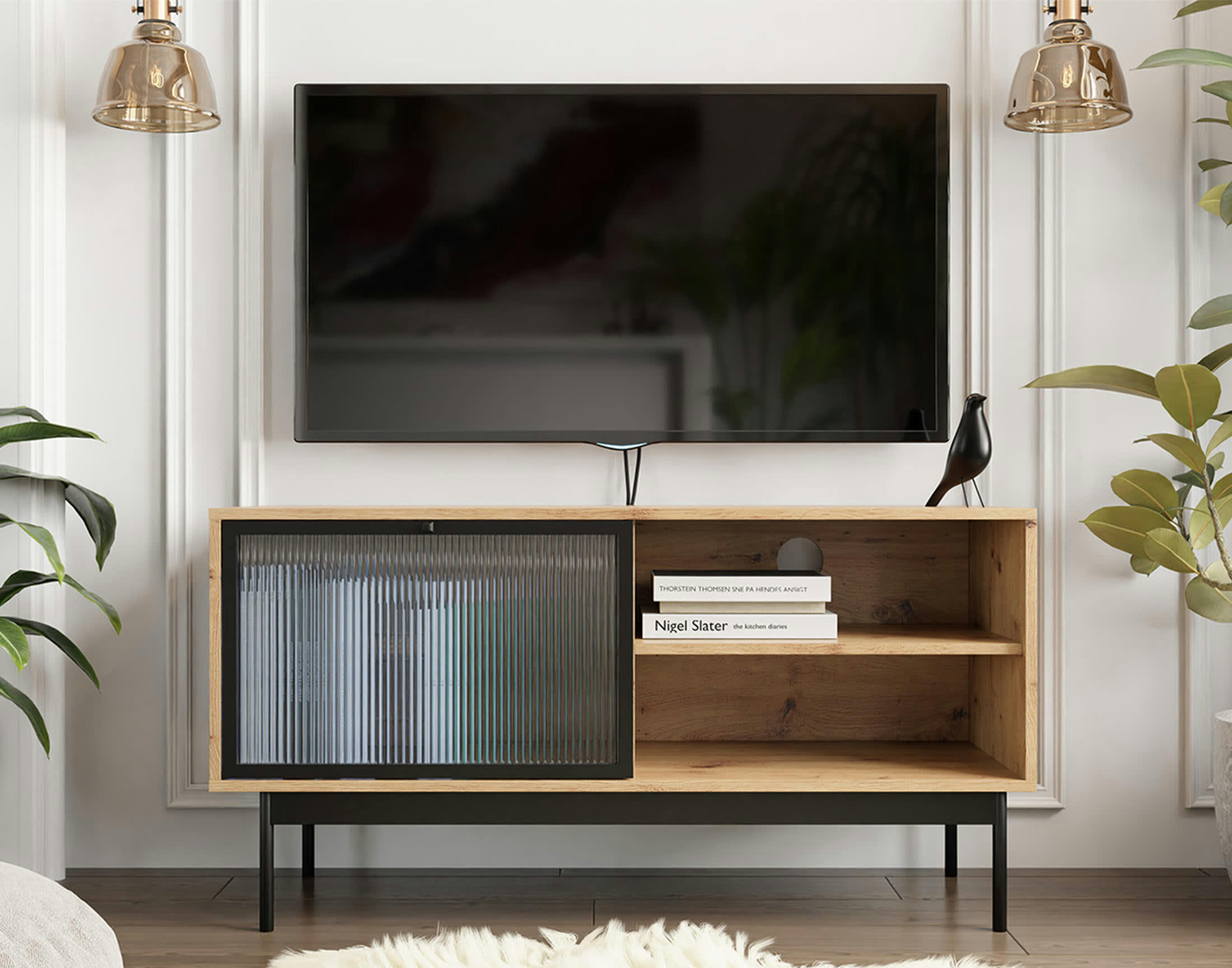 LAMIA - Meuble TV style industriel 117 cm noir / bois