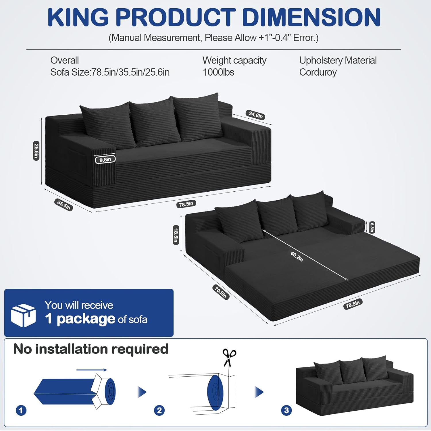 2 in 1 Convertible Boneless Couch Bed, Corduroy futon Sofa Bed, Compression Folding Floor Couch Sofas Bed with 3 Pillows for Bedroom, Small Space Guest and Living Room Sofa (Black, 78 Inches)