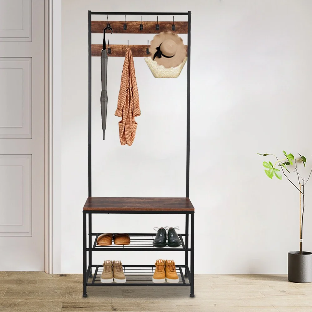 Industrial Metal Frame Hall Tree With 2-Shelf Shoe Storage-Rustic Brown