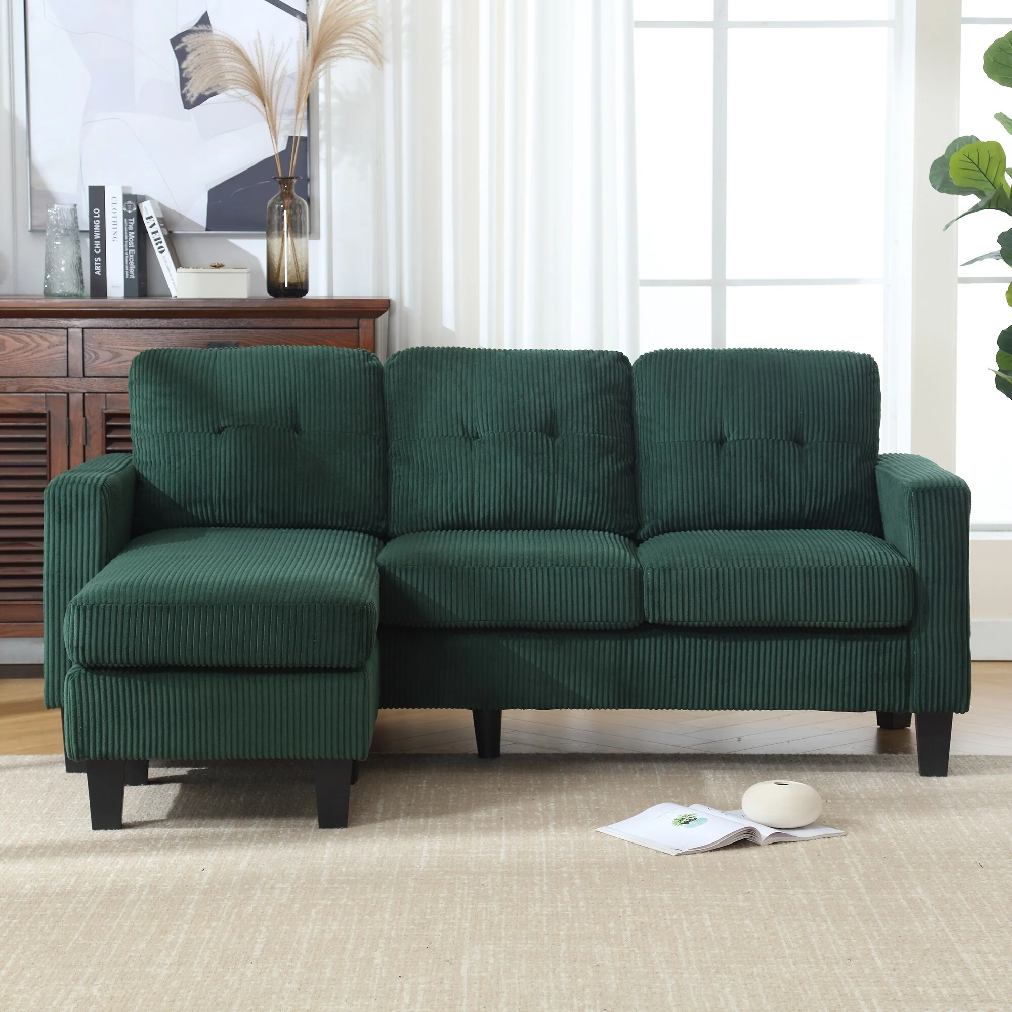 Green 73.62'' Convertible Velvet L-Shaped 3-Seat Sectional Sofa with Ottoman, Reversible Chaise, and Space-Efficient Design