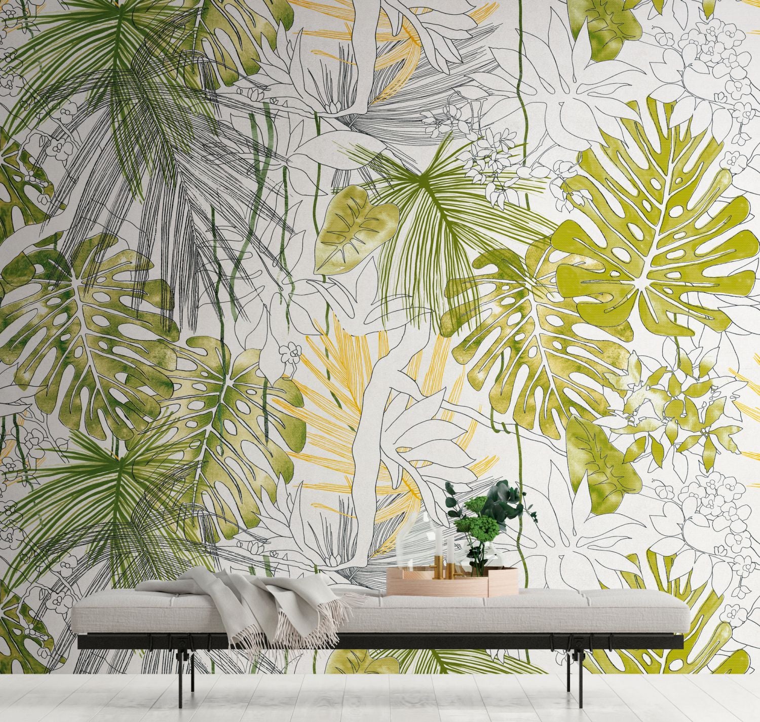 One Wall one Role fotobehang jungle-motief groen, wit, grijs en geel - 371 x 280 cm - AS-382321
