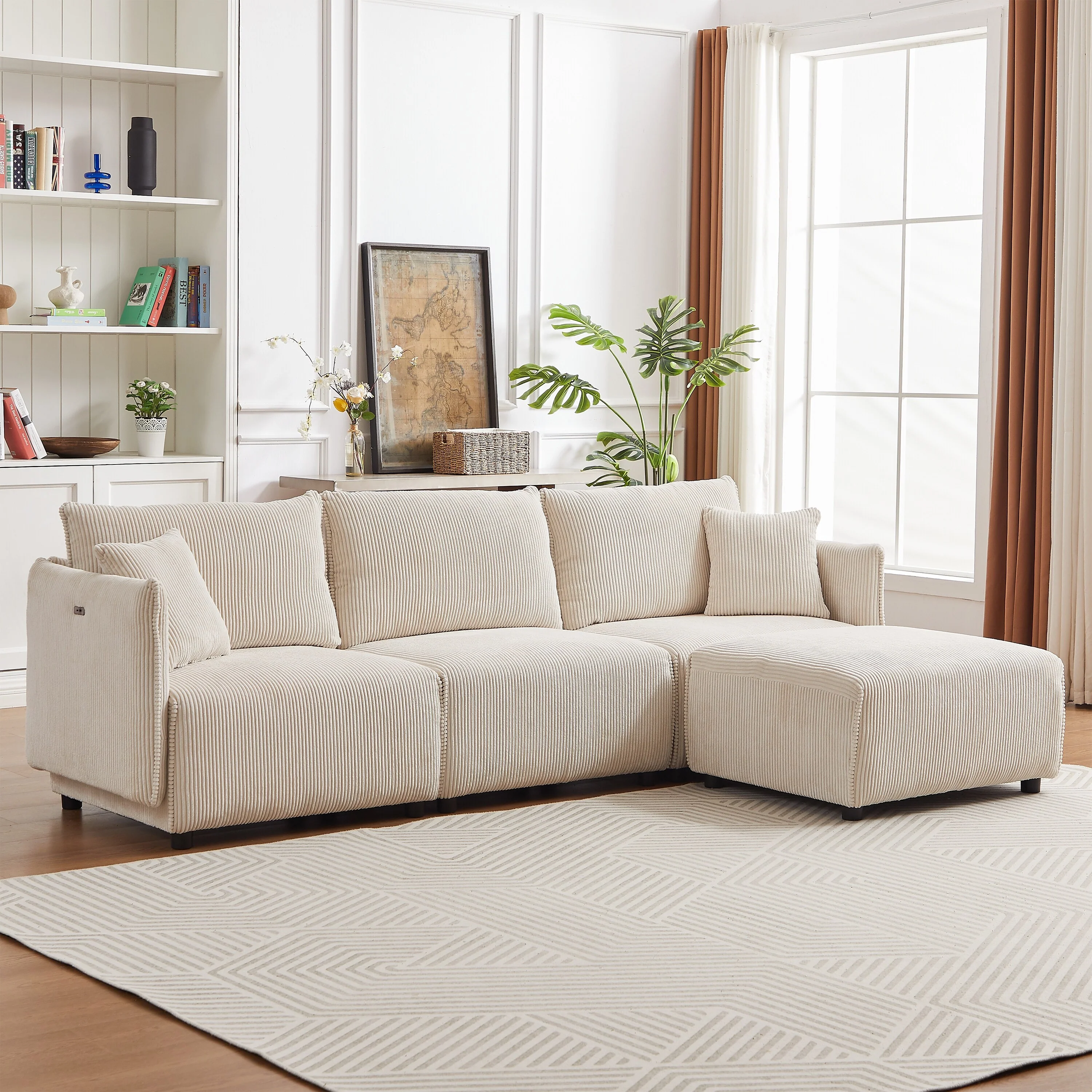 106 Corduroy 3-Seater Sofa with USB Ports & Adjustable Cushions