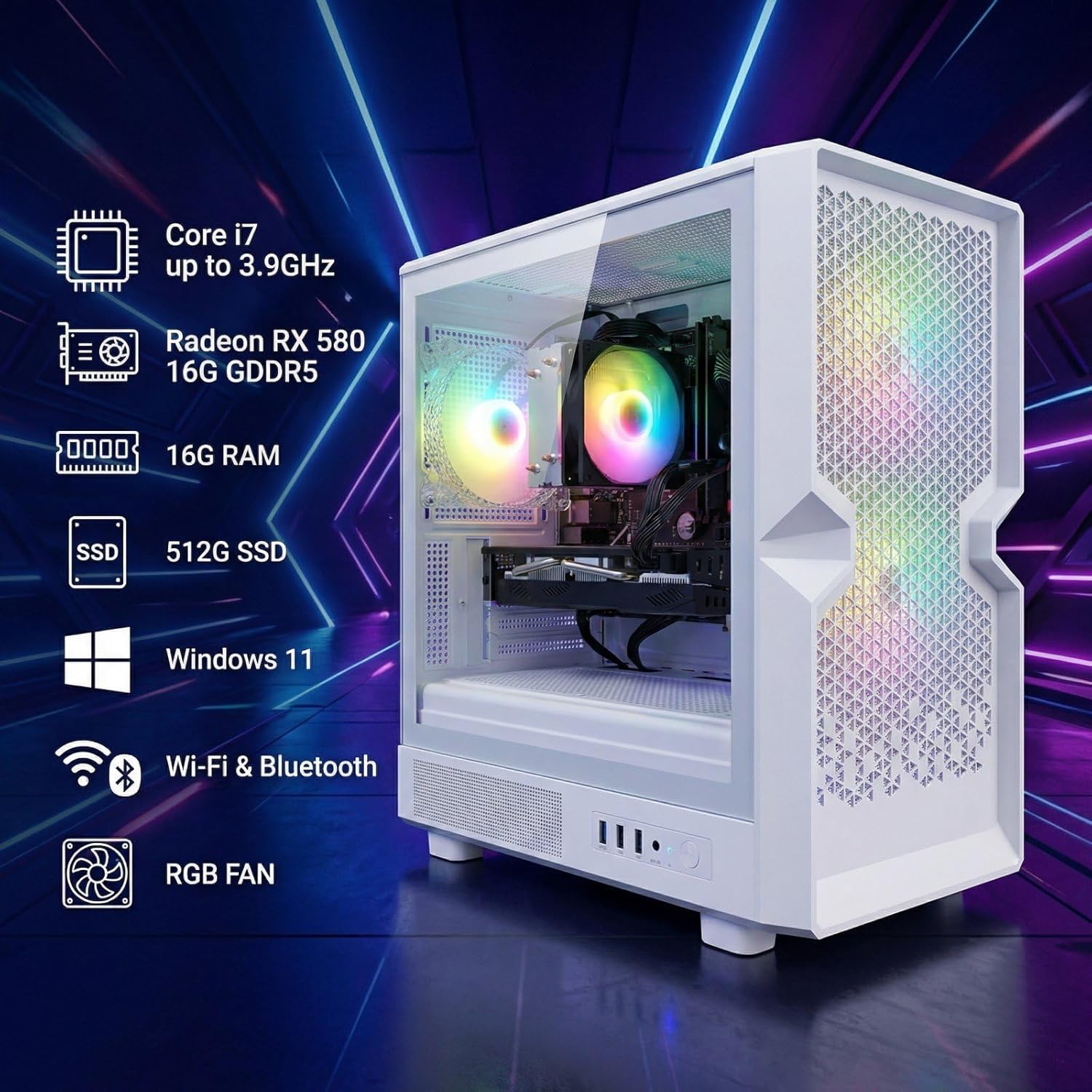 STGAubron Gaming PC Computer Desktop  Radeon RX 580 16G  Intel Core i7 up to 3.9G  16G RAM  512G SSD  WiFi 6  BT 5.0  RGB Fan x3  Windows 11 Home