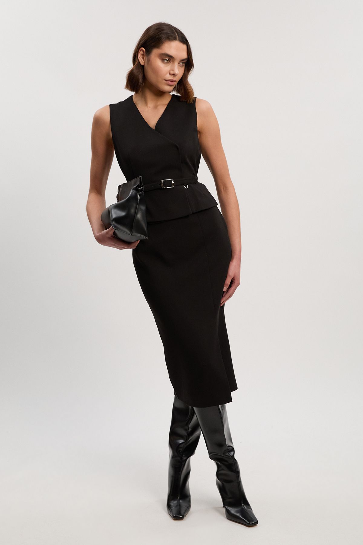 KarenMillen Compact Essential Belted Tailored Midi Pencil Dress