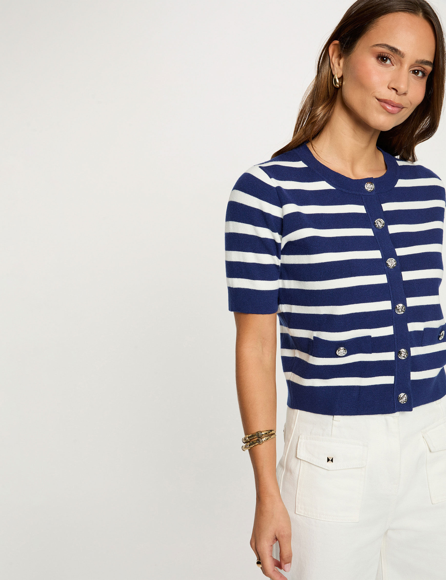 Striped Short-Sleeve Cardigan Navy Blue Women