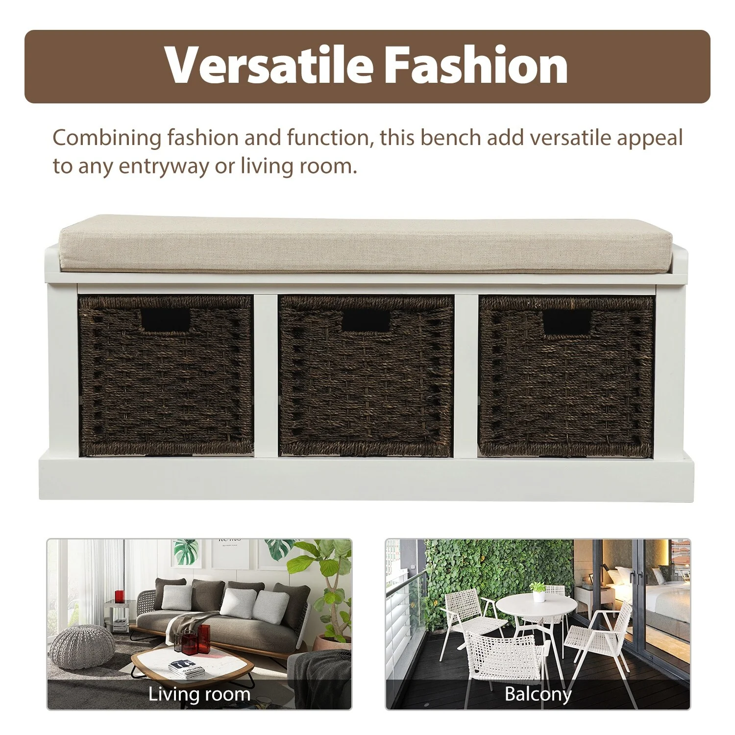 TREXM Rustic Storage Bench with 3 Removable Rattan Basket