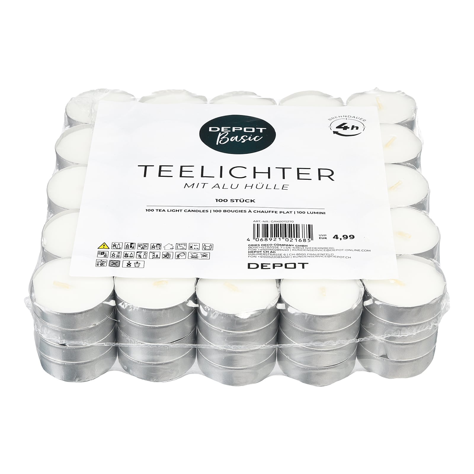 Teelichter Basic Weiß, 100 Stück