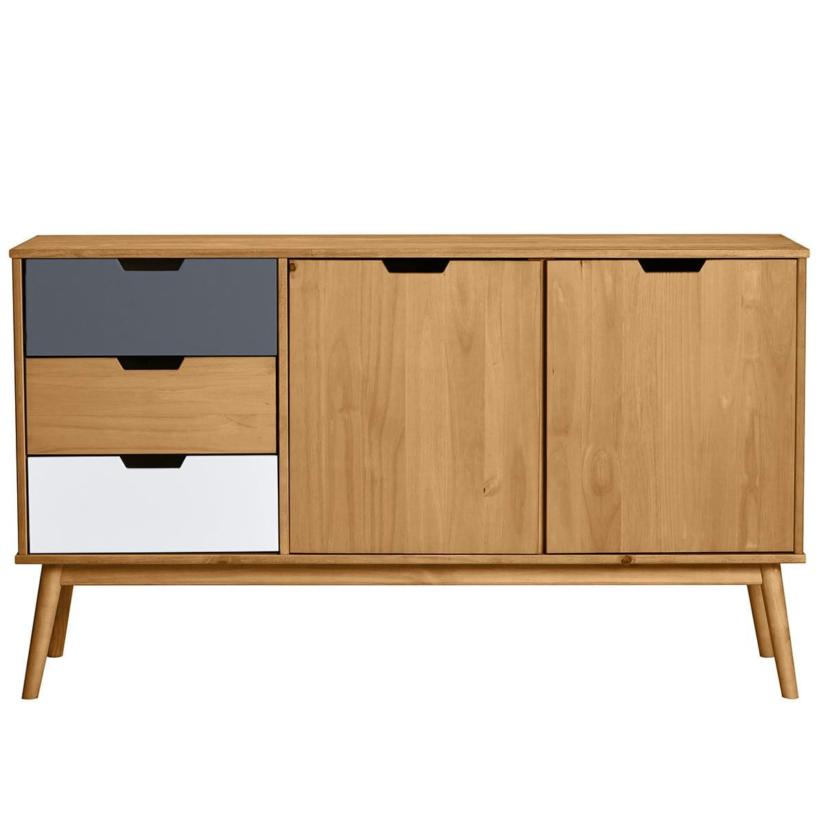 DAVI - Buffet 2 portes 3 tiroirs en pin massif / blanc / gris 140 cm