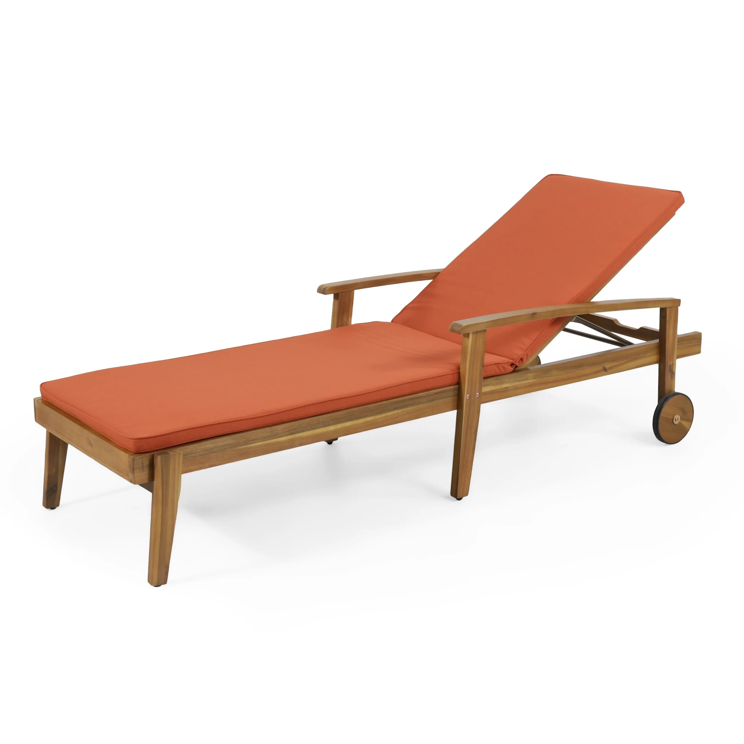 Wood Outdoor Chaise Lounge with Wheels and Cushion, Adjustable Backrest for Poolside Patio Garden