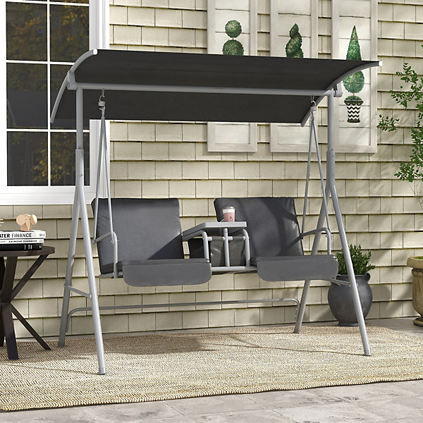 Balancelle de jardin 2 places avec auvent, poche et plateau, charge 180 kg, pour jardin et balcon, noire