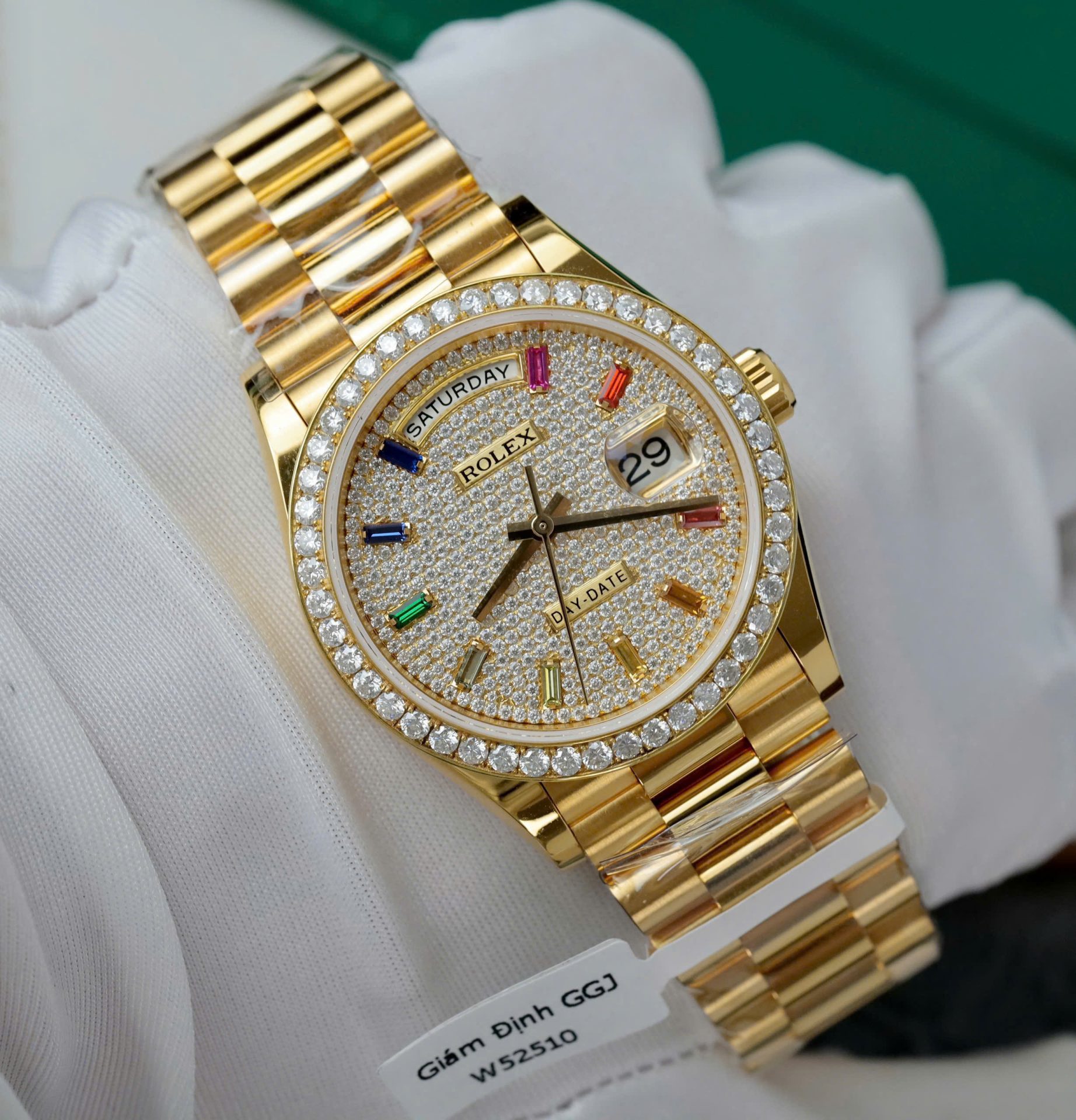 Rolex Day-Date YG Plated Paved-Rainbow Diamond Dial 36mm Super Clone